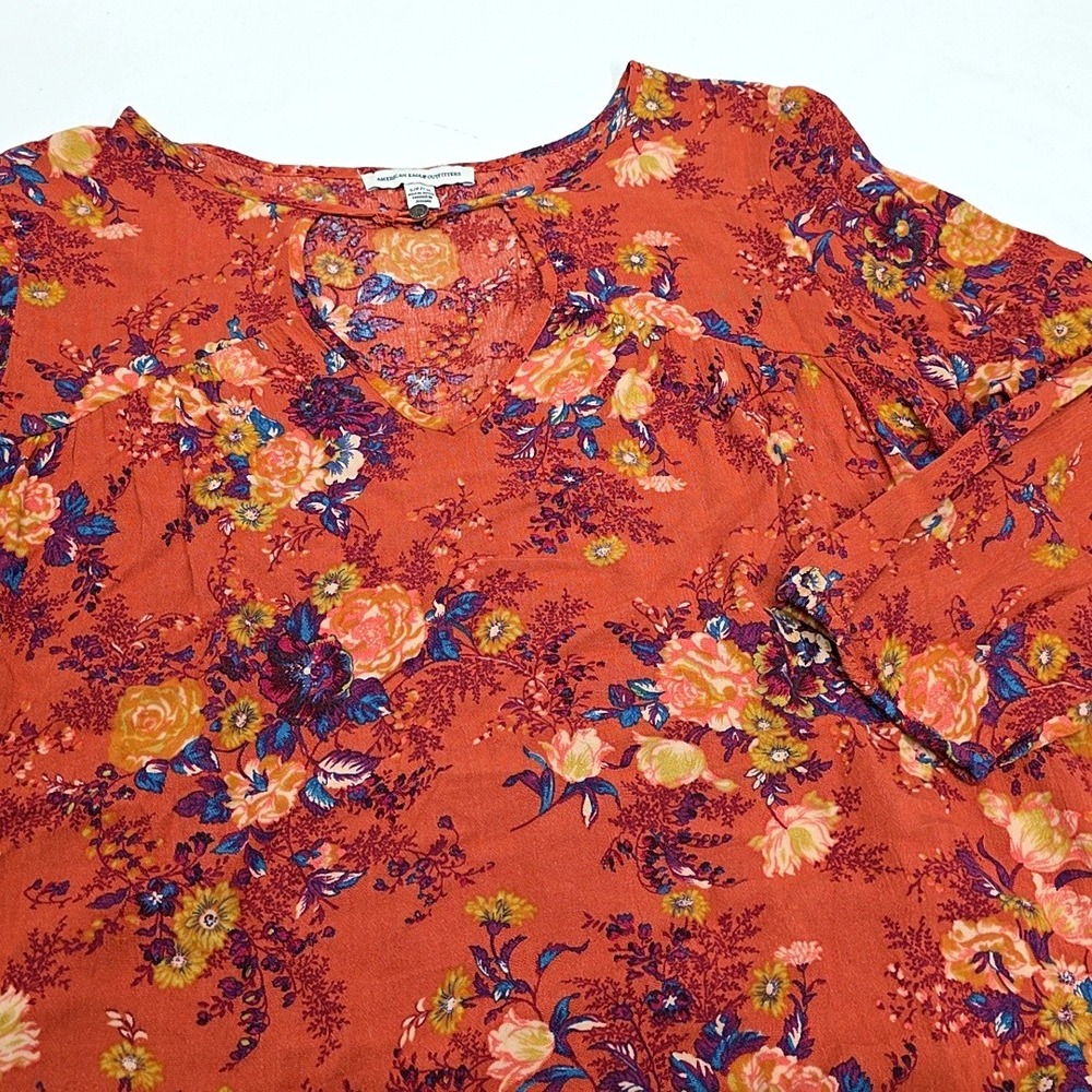 American Eagle Blouse Womens Small Orange Floral Boho 3/4 Sleeve Keyhole Top